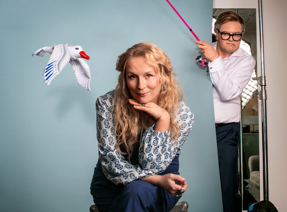 Jennifer Saunders as Meryl Streep’s Donna and Alan Carr as Colin Firth’s Harry in a new Mama Mia! spoof sketch for Comic Relief