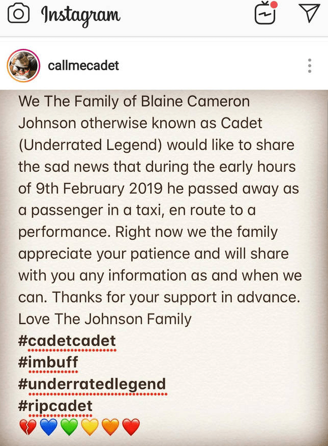 A statement on Cadet's Instagram was posted this morning confirming he had died in a crash