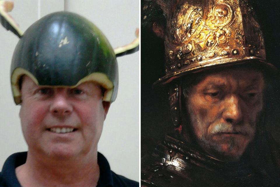  Peter carved a helmet out of a melon for this recreation