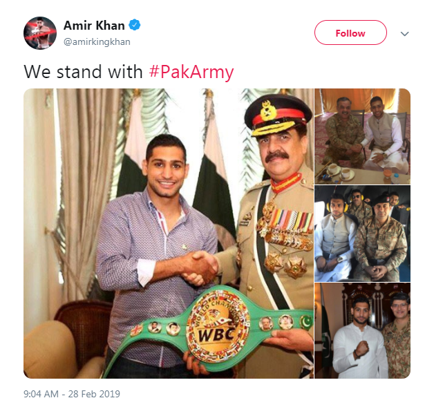 Ami Khan posted this photo showing his support for the Pakistan army in their conflict with India