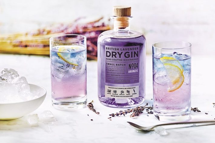 The lavender gin changes to a blue tinged pink colour