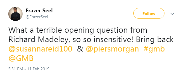  Viewers blasted Richard Madeley for his insensitive questions, calling for Piers Morgan to come back