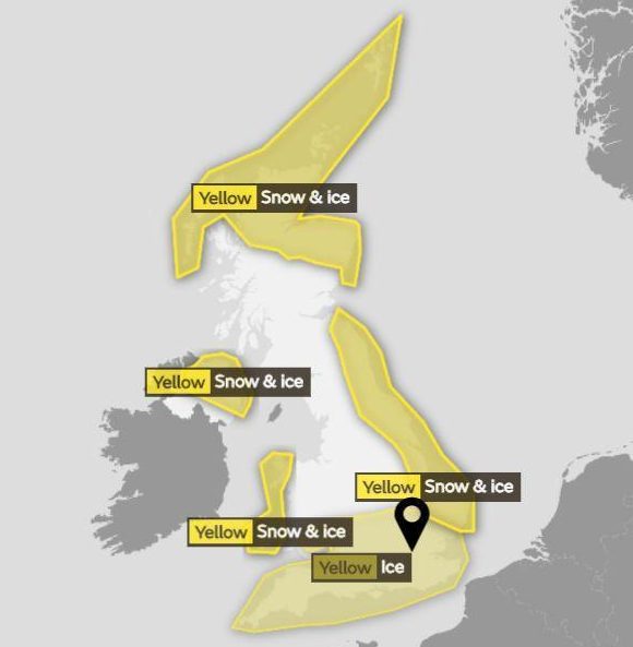 A yellow warning for snow and ice is in place across most of the UK on Saturday