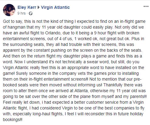 Eley complained to Virgin Atlantic on Facebook