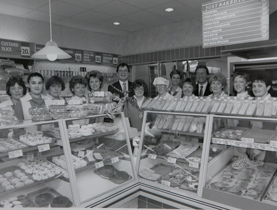 Shelves full of baked products at a Greggs store generations ago