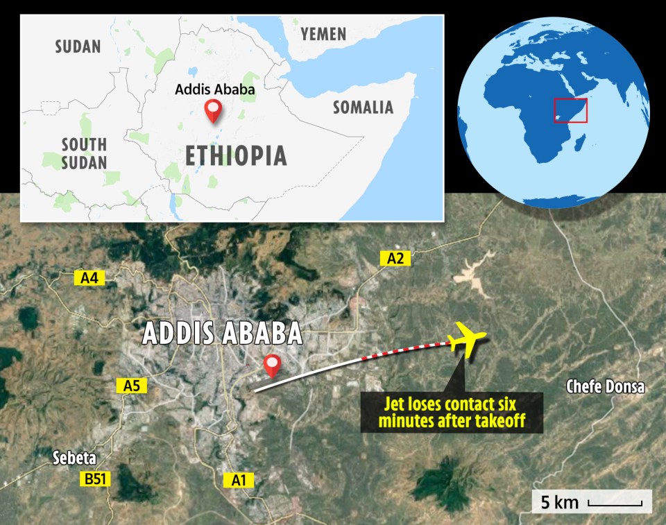 The flight came down just six minutes after takeoff, around 30 miles from Addis Ababa