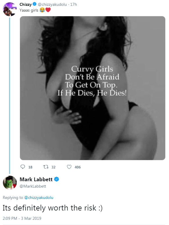  Chizzy has encouraged curvier women 'to get on top', much to the delight of Mark Labbett