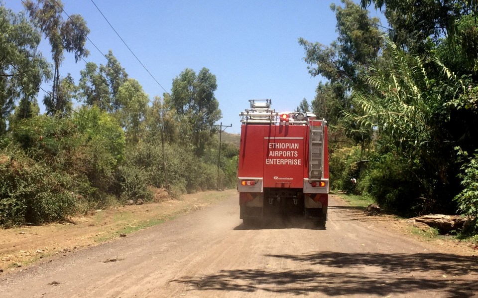 An Ethiopian Airports Enterprise fire engine racing to the scene of the plane crash