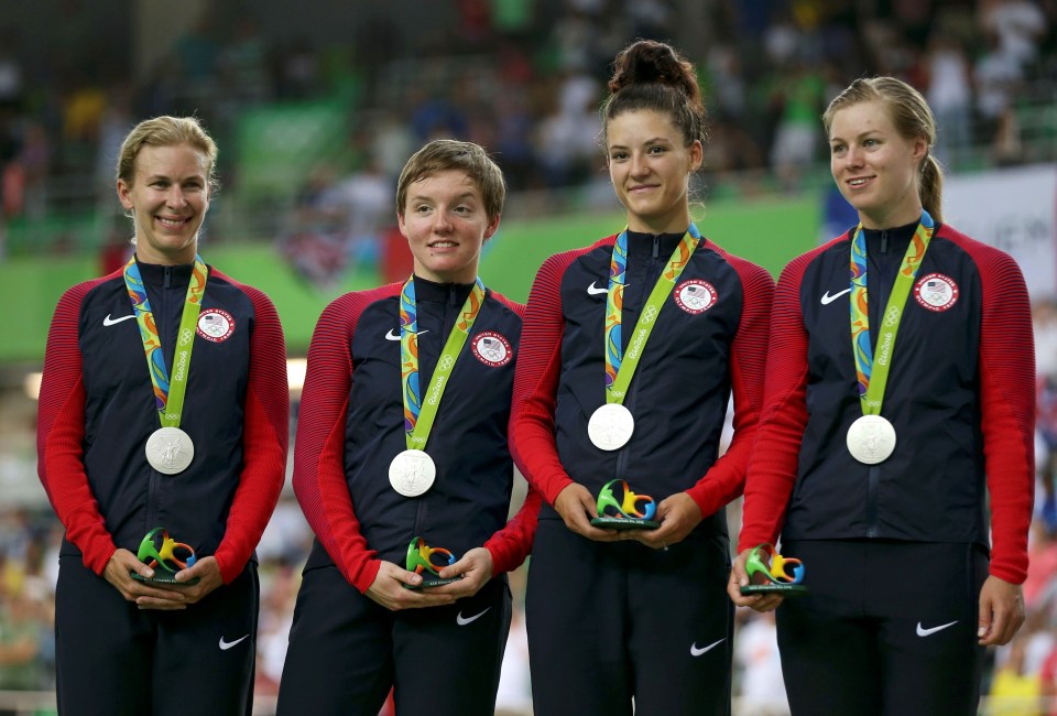  Catlin, second left, was part of the US Olympic team pursuit quartet that finished behind Britain for the silver medal