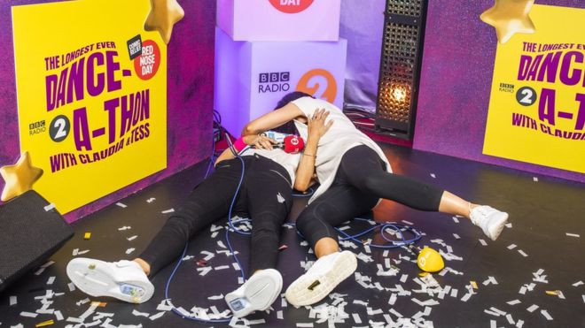  Tess Daly and Claudia Winkleman collapsed on the floor after completing their 24-hour dance marathon for Comic Relief