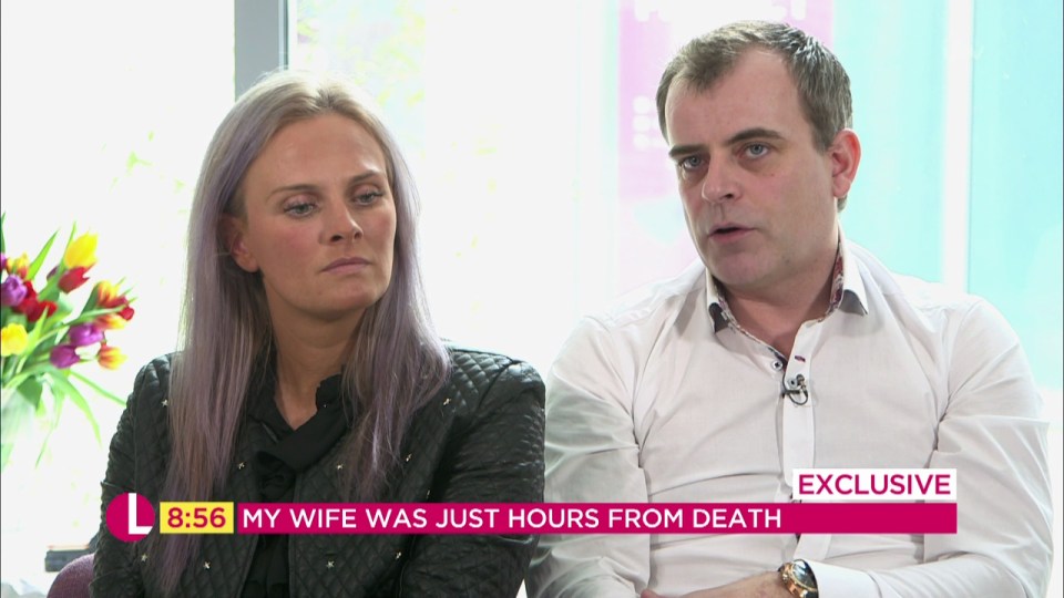 Simon and his wife on Lorraine thanking NHS staff for saving Emma's life after she had an ectopic pregnancy in 2017