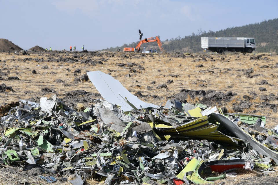 A heap of debris from the wreckage of an Ethiopia Airlines Boeing 737 Max 8 aircraft