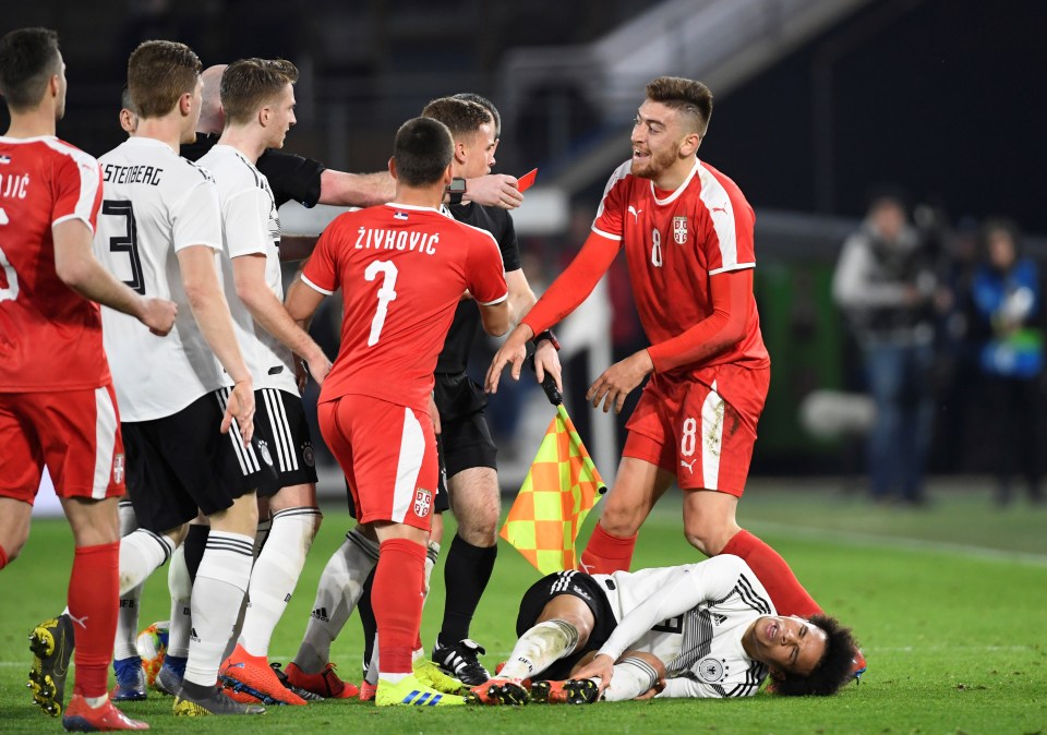  Serbian striker Milan Pavkov was shown a red card for the tackle on German winger Sane