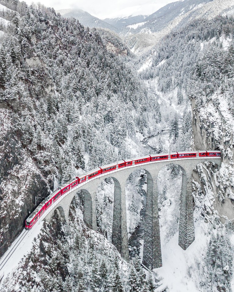 This picture of a red train travelling through snowy mountains won the people’s choice category and was snapped at the Landwasserviadukt in Switzerland