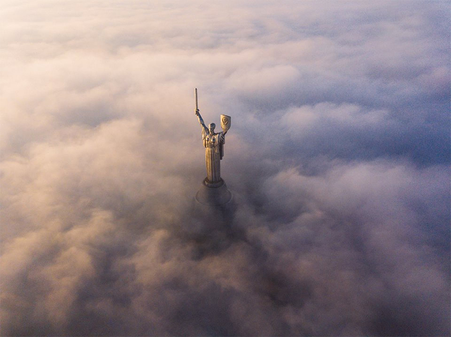 Kyiv’s statue of the Motherland in Ukraine is a Second World War memorial which is 334.6ft (102m) high. The towering figure – holding a sword and a shield aloft – is made of chrome, nickel and steel, and weighs about 450 tons. Photographer Ristenko Segiy said it showed ‘epic light and fog in autumn’. It also won a people’s choice prize