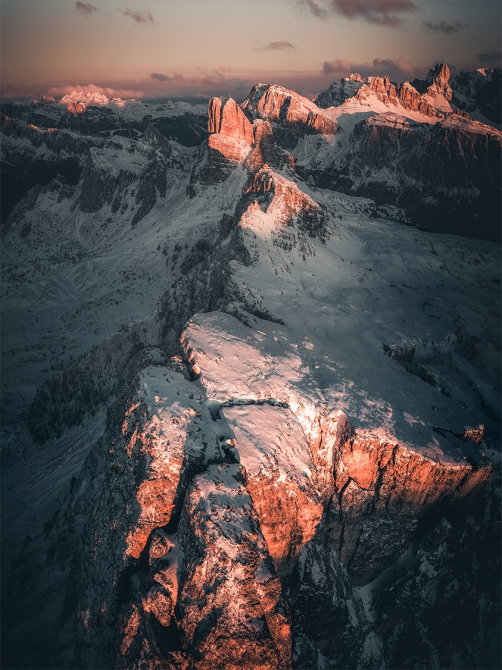 Nominated entry ‘There is a precise point up there in the sky where the mountains almost seem to pose’ was snapped by Andrea Giumelli during sunrise on the Nuvolau group in the Dolomites, Italy