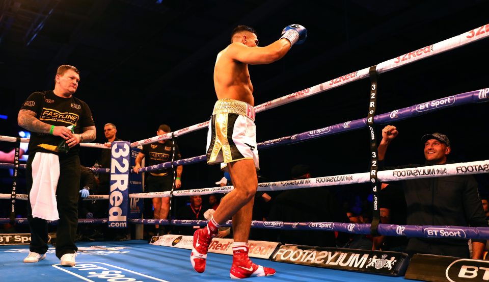  Tommy Fury celebrates with brother Tyson after beating Callum Ide in the first round at Morningside Arena in Leicester