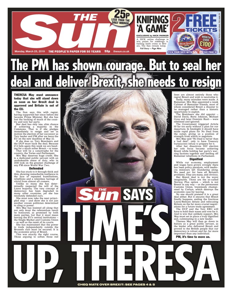 The Sun’s front page on Monday, calling on Theresa May to go, was met with almost universal support from Tory MPs