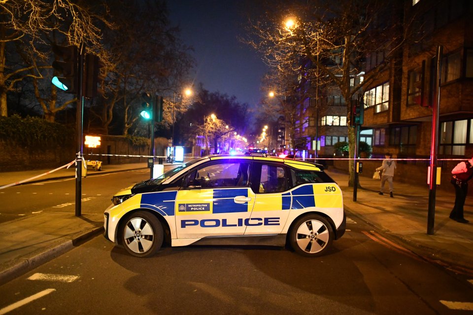  A police car blocks the road behind the cordon