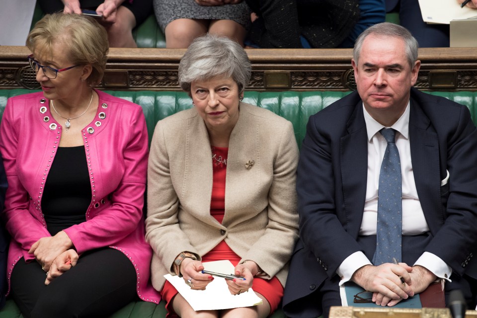  Theresa May with Andrea Leadsom and Attorney General Geoffrey Cox during the House of Commons vote that saw the PM's deal rejected for a third time