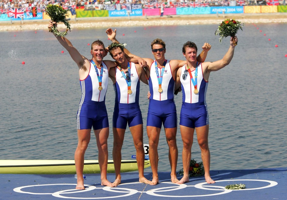 Matthew Pinsent, Ed Coode, James Cracknell and Steve Williams of Team GB won gold at the men's four event in the 2004 Athens Olympics