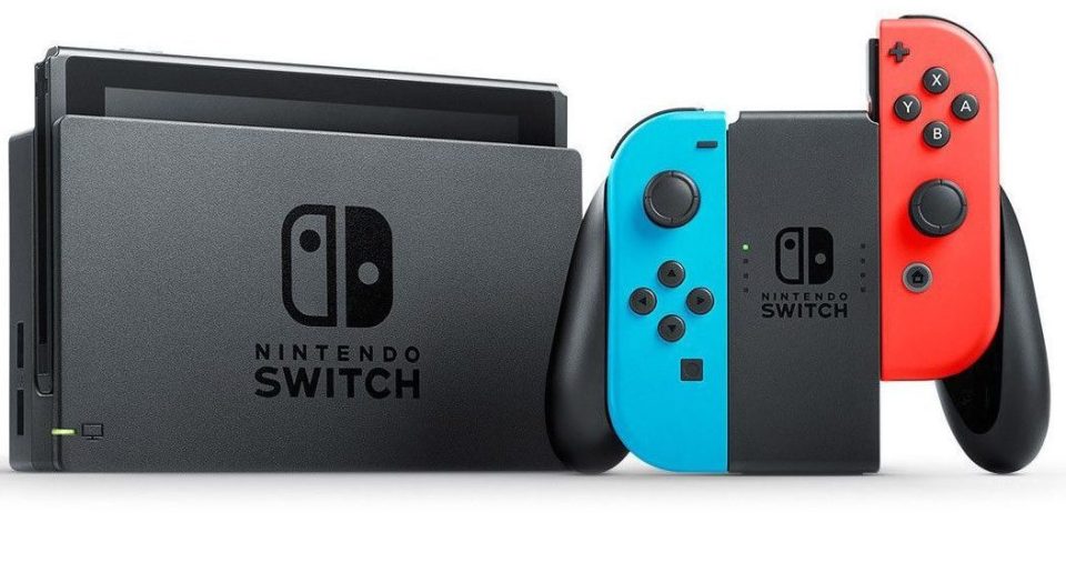  This matte-coloured Nintendo Switch console features 32GB of hard disk capacity and comes with neon red and neon blue detachable controllers