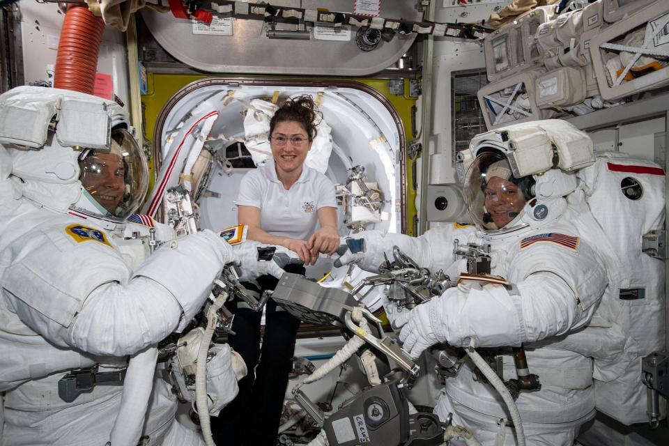  Nasa astronauts Christina Koch (centre) and Anne McClain (right) had been scheduled to take part in Nasa's first all-female spacewalk. Problems arose when McClain realised her spacesuit didn't fit during a spacewalk with fellow astronaut Nick Hague (left)