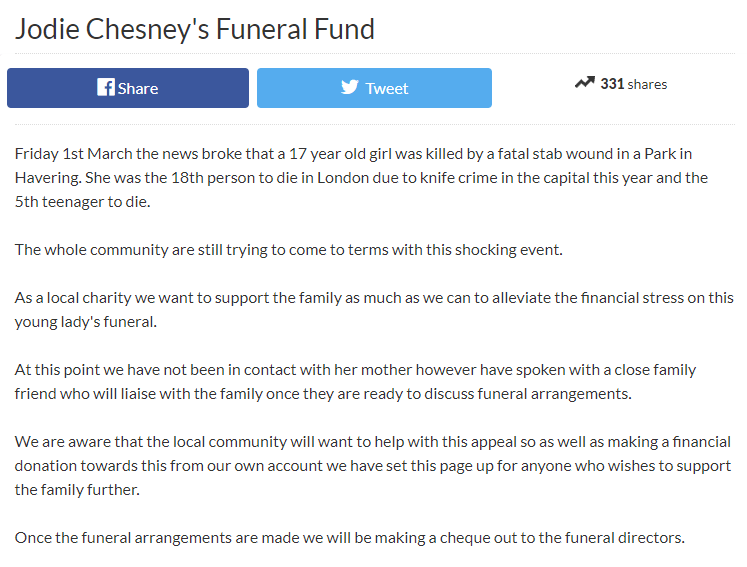  A GoFundMe page has been set up to pay for her funeral costs