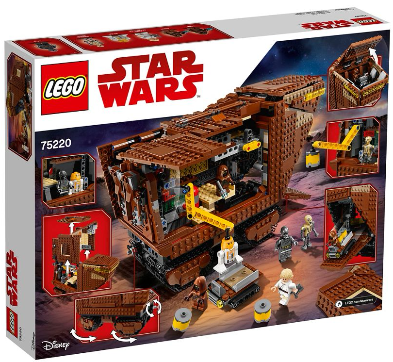  This rolling home of the Jawas features an opening two-minifigure cockpit, steering tracks and removable panels that reveal a droid prison and articulated crane for loading droids aboard