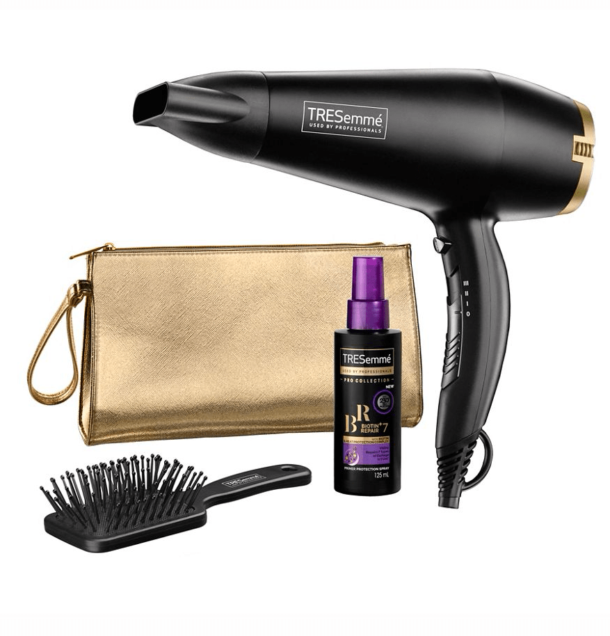  A powerful 2200W hairdryer with smoothing ionic conditioners and tourmaline ceramic technology, delivers fast drying with a smooth finish. It comes with a gold clutch bag, a mini paddle brush and a TRESemm biotin repair 7 spray