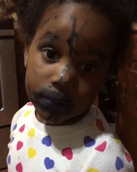  Three-year-old Ava Annalise pretended to be innocent when her grandma asked where all the pen on her face came from