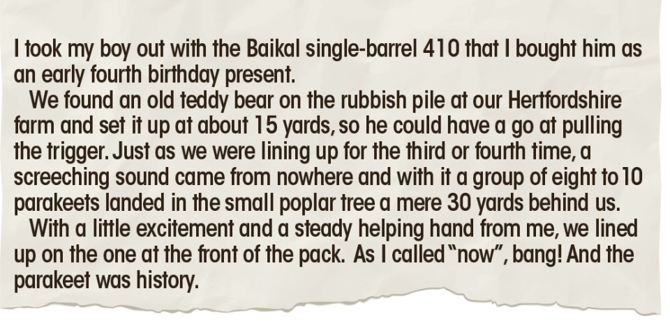 In a letter published alongside the lad snap, his dad boasted: 'Bang! And the parakeet was history'