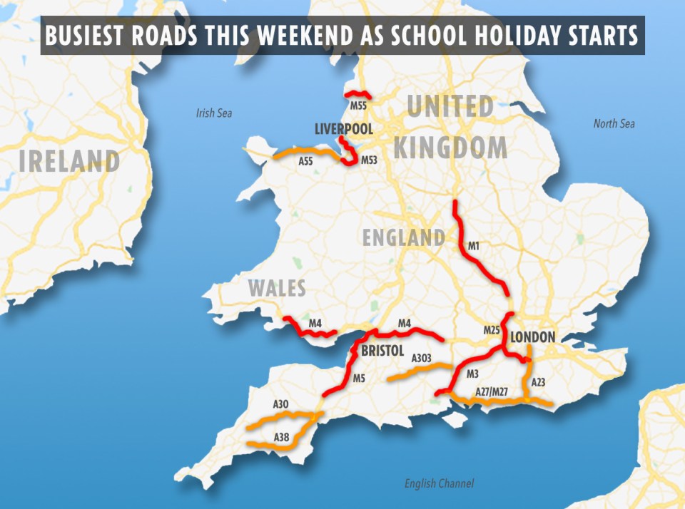  These are the set to be the busiest roads in the UK this weekend as 14million cars set out