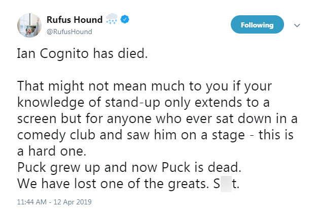  Comedian Rufus Hound paid tribute to Ian Cognito this morning - describing him as "one of the greats"