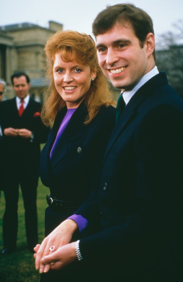 Fergie with Andrew at Buckingham Palace after their engagement in 1986