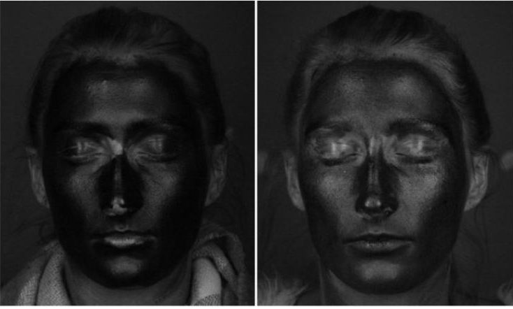 This time the woman wears mosituriser with SPF, left, and sunscreen, right, taken with a UV camera