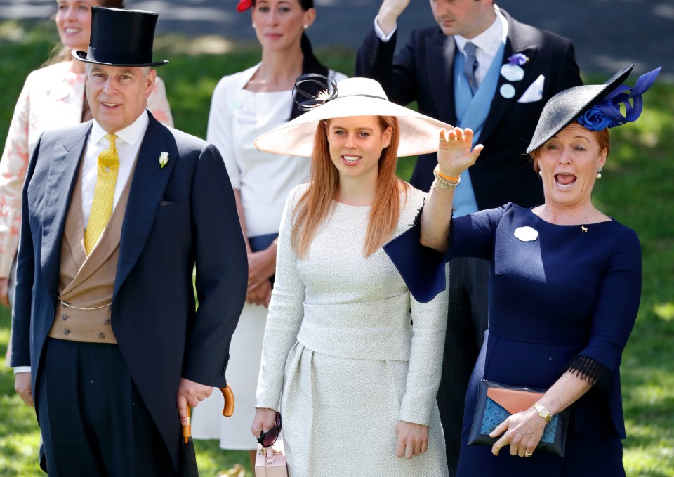 Fergie horsing around with Princess Beatrice and the Duke of York at Royal Ascot in 2018