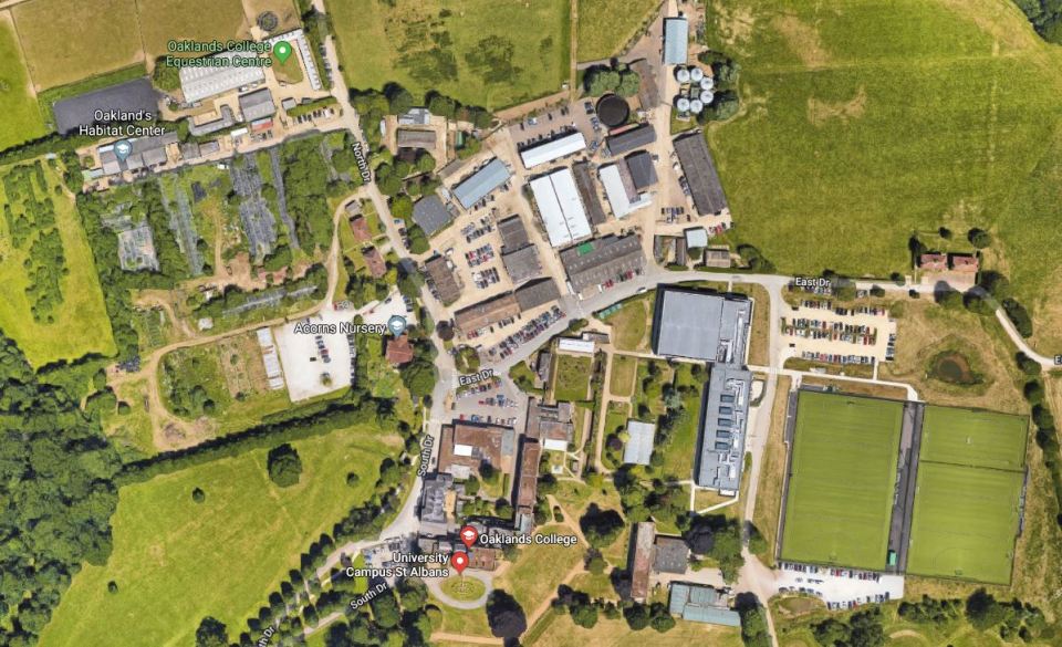  Above, the semi-rural campus of Oaklands College in St Albans - where the sex tape was filmed