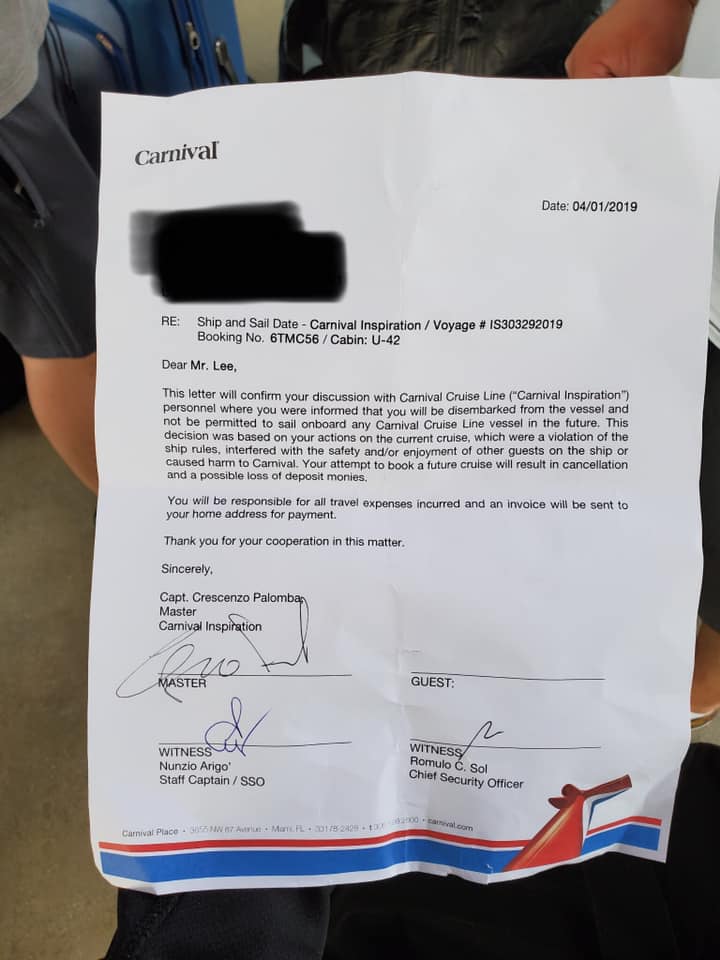 The letter which told the passengers they were forbidden from going on Cruise Carnival holidays