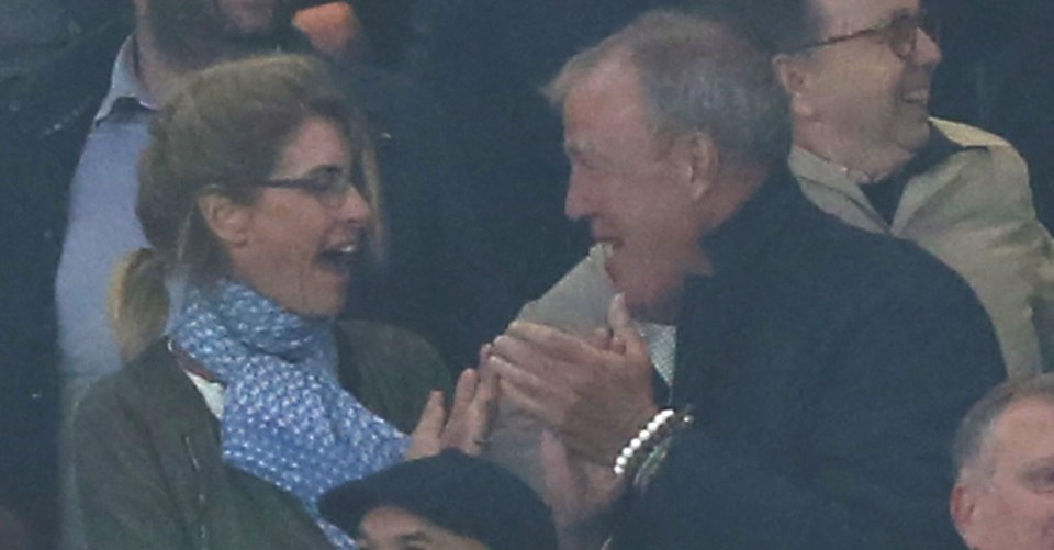 Jeremy Clarkson and his girlfriend Lisa Hogan share a joke in the stands during Chelsea’s match last night