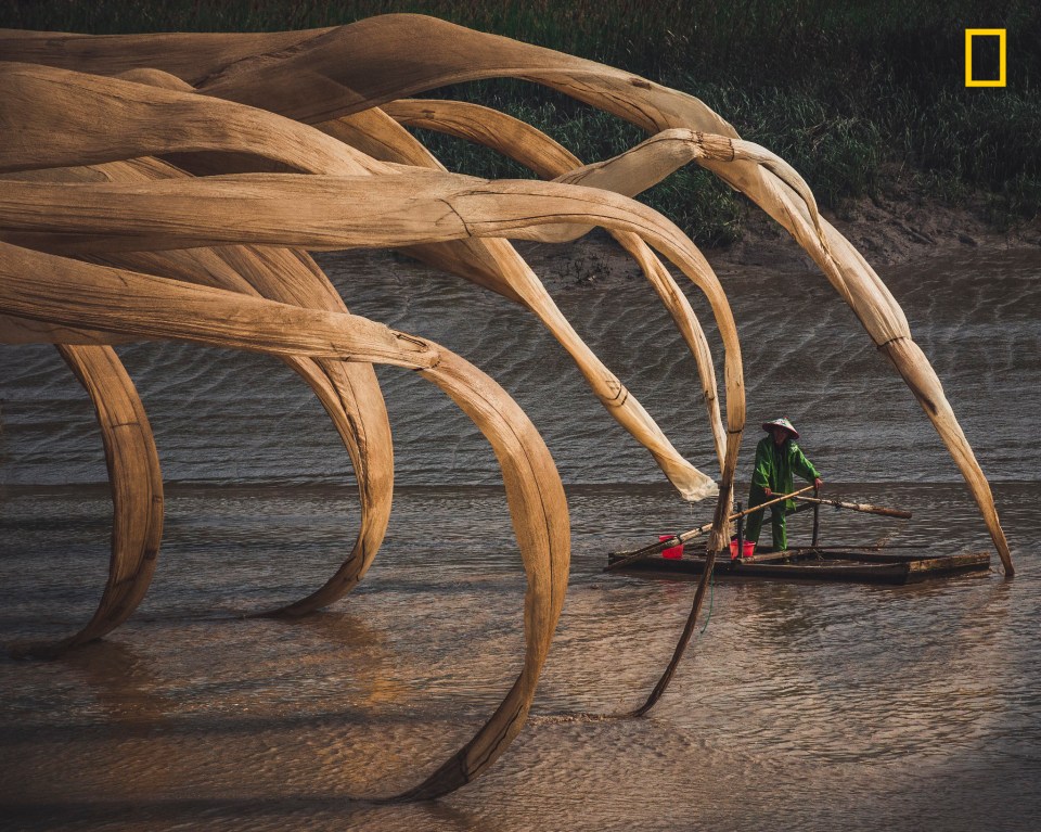  Photographer Eric Seidner said: 'Xiapu is a giant mudflat in Fujian, China. Most famous for a battalion of bamboo poles stretching to the horizon and thrust into the mud to hang and dry seaweed, the area has preserved traditional ways of coastal living. After having visited an ancient forest we got lost on the country roads back towards the highway. I happened to look out the passenger window and saw these giant nets floating in the breeze like tentacles clawing at the boatman. I parked, slid down a muddy bank and took the shot.'