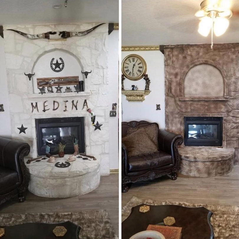  A before and after picture resulted in a classy stone fireplace being changed into a brown monstrosity