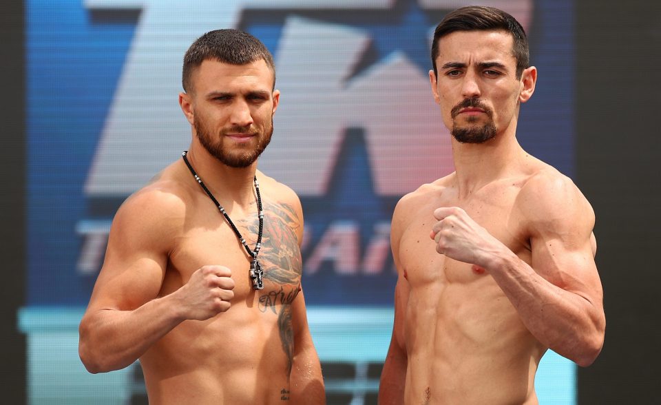 Vasyl Lomacheno and Anthony Crolla successfully weighed in under the lightweight limit yesterday but the gloves the champion will wear caused a stir