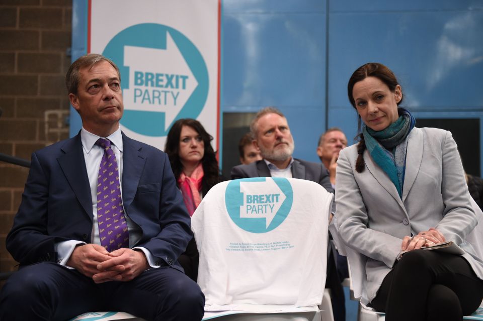  The Brexit Party leader, Nigel Farage (L) sits with arch-Tory Brexiteer Jacob Rees-Mogg's sister Annunziata at the launch of the party's European Parliament election campaign in Coventry