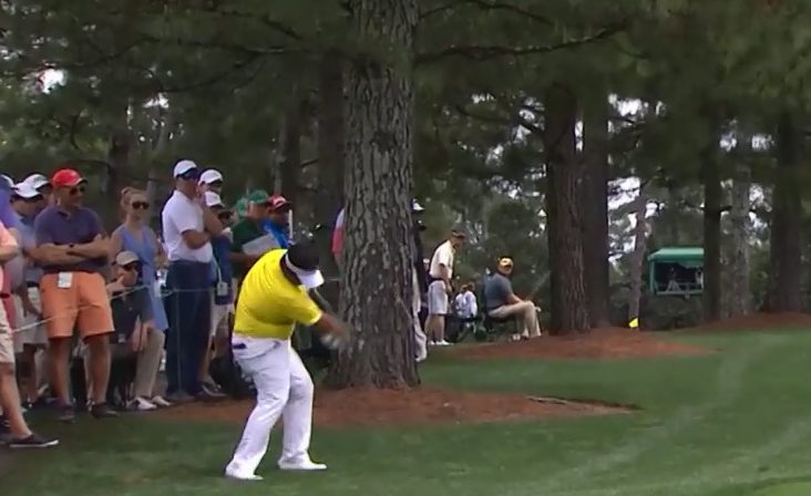  Kiradech Aphibarnrat takes a giant swing at the ball beside the 17th fairway