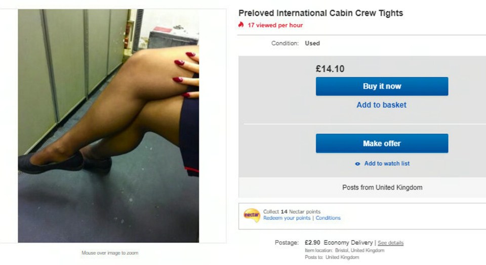 Dozens of eBay users were viewing these worn tights, as air hostesses on low salaries are trying to raise extra funds