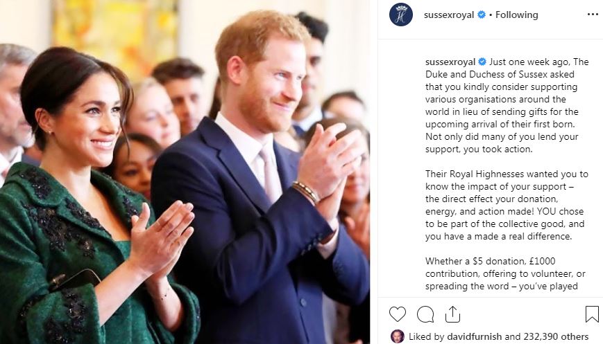  The Duke and Duchess of Sussex shared this post on their official Instagram page thanking fans for donating to charity instead of sending them gifts