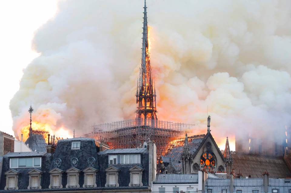  The blaze erupted from the top of the ancient cathedral this evening