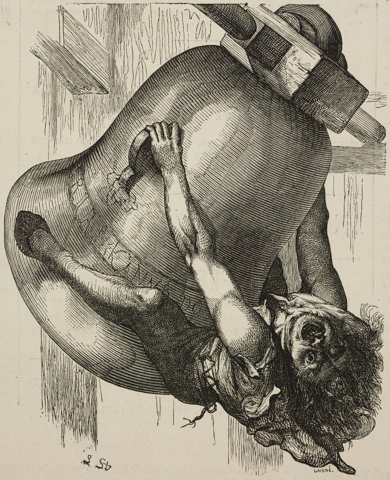  Quasimodo clinging onto a bell - a drawing by Lemud from The Hunchback of Notre-Dame, by Victor Hugo