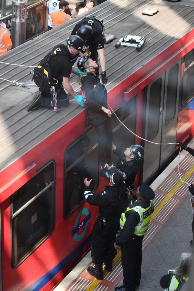  Police officers in helmets and harnesses lower down a protester after cutting her free